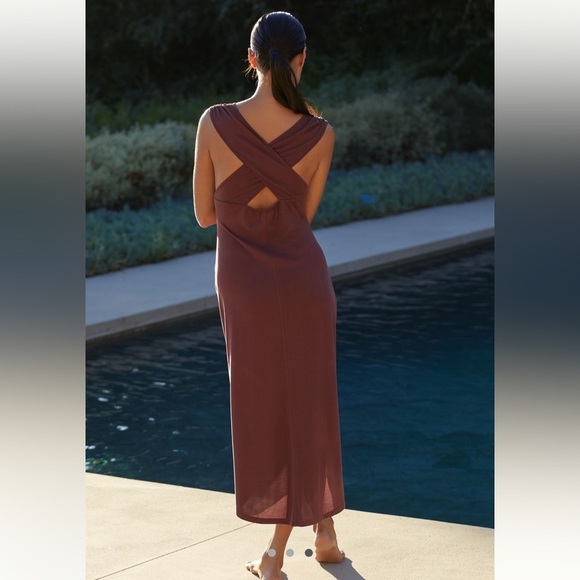 NWT new medium Anthropologie ruched v neck cross strap dress brown modal stretch - Picture 14 of 17